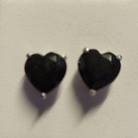 Black Tourmaline Heart Stud Earrings in Platinum Over Sterling Silver - Picture 1 of 6